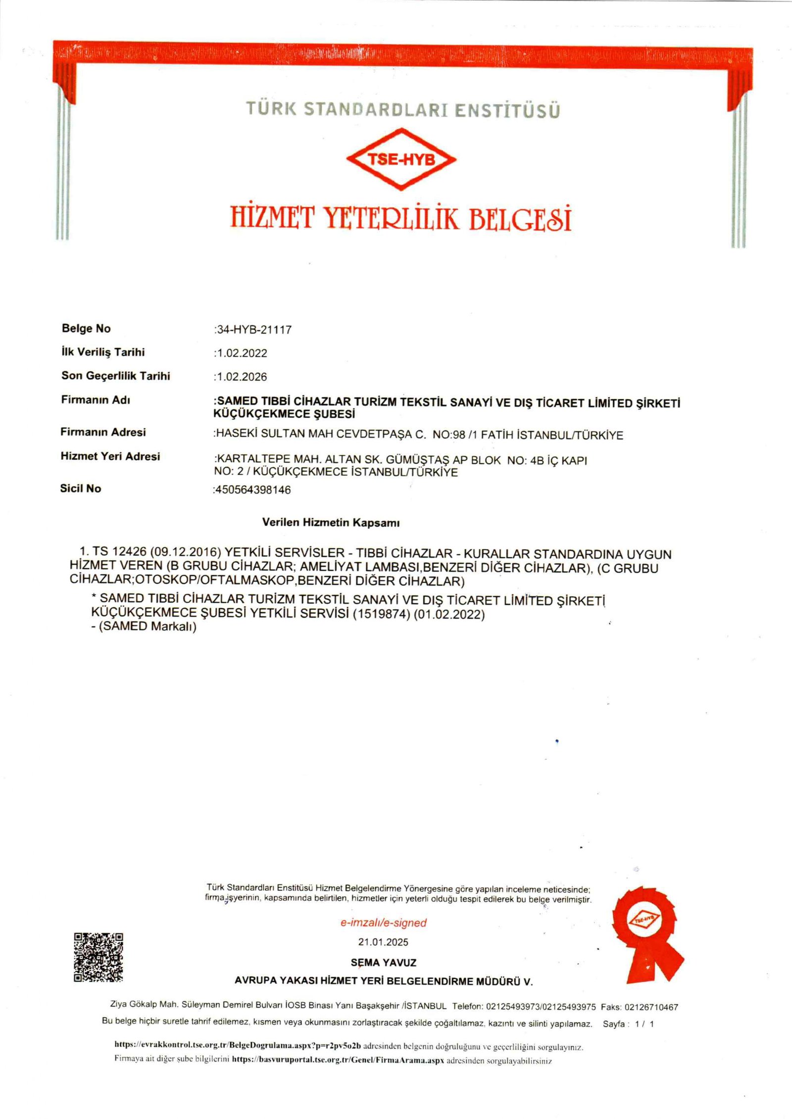 TSE Hizmet Yeterlilik Belgesi